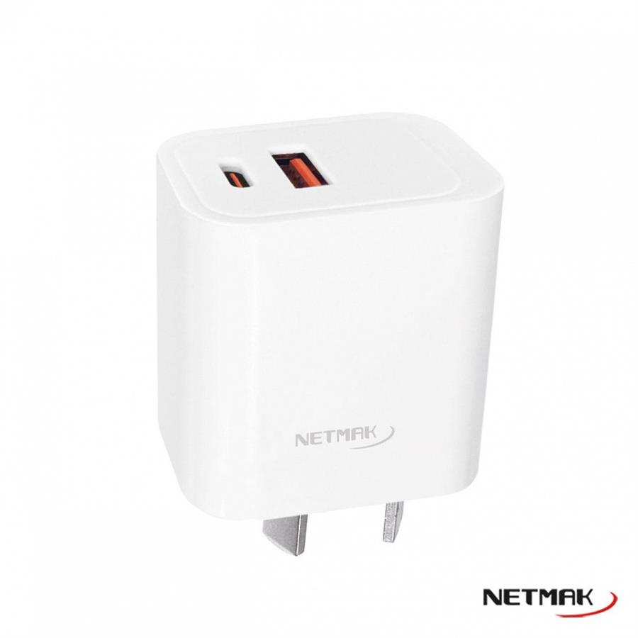 Cargador Celular Cabezal Tipo C + Usb  20w Netmak Si/Cable Blanco Cp